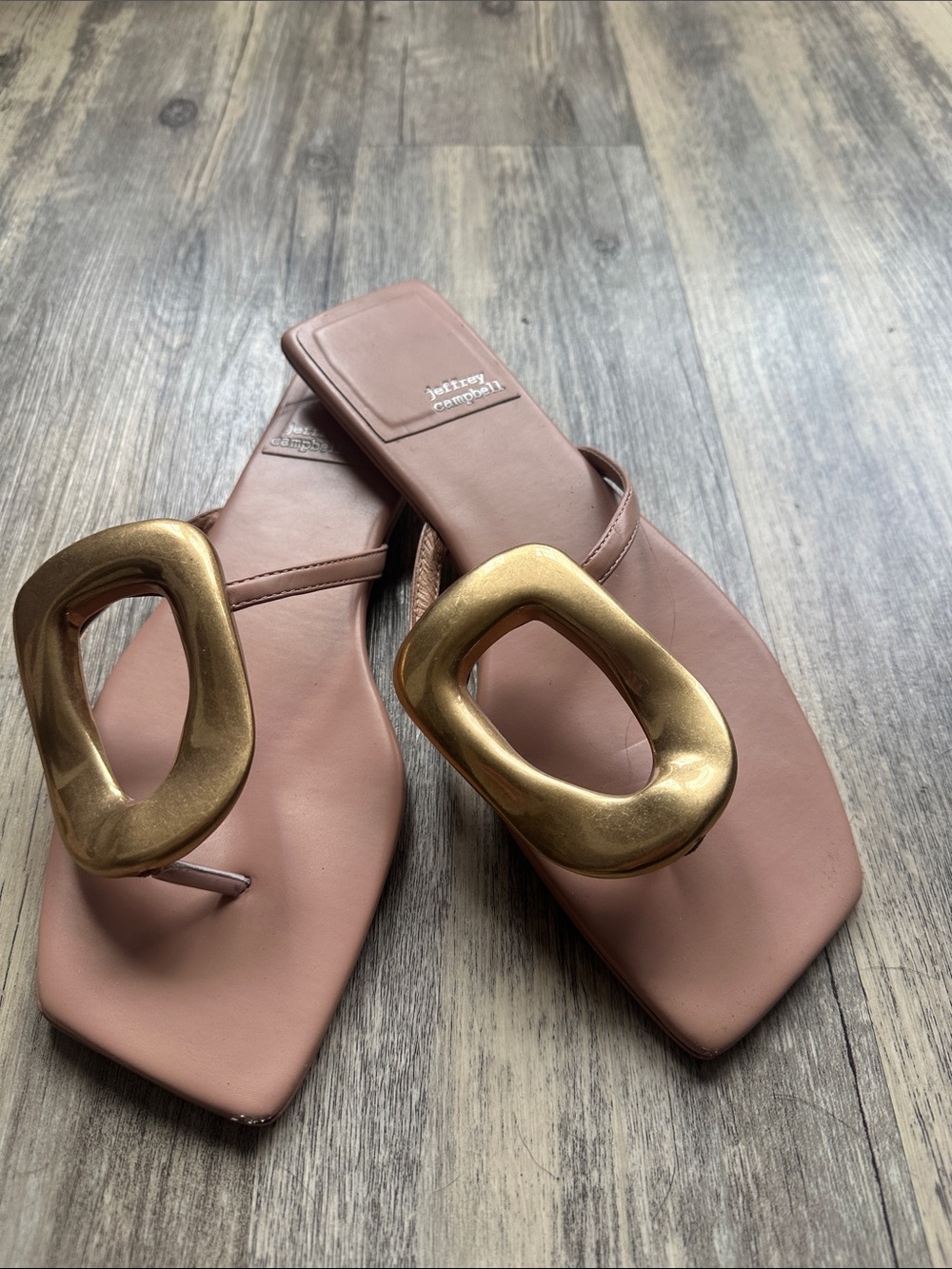 Jeffrey Campbell Pink Thong Sandals with Gold Sculptural Accent